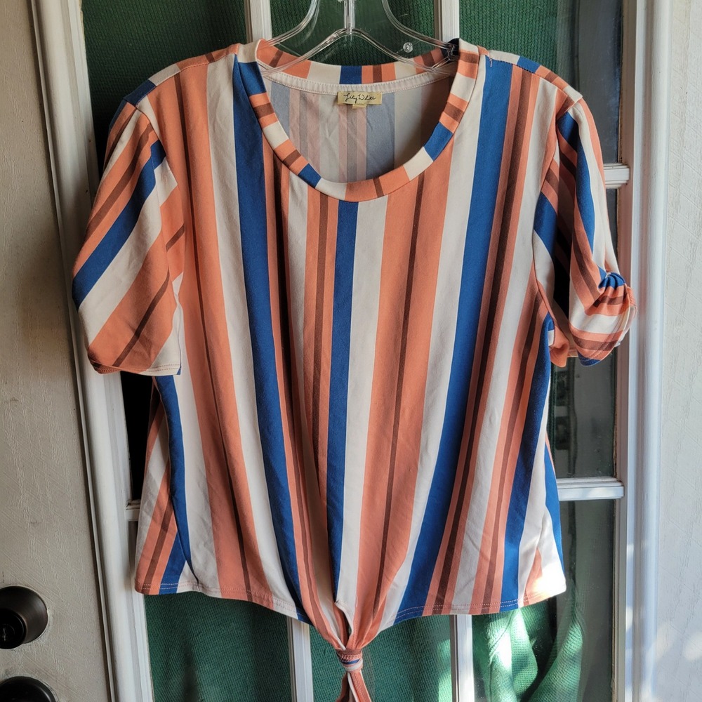 Lily White Womens Blue Orange Striped Front Tie Short Sleeve Top Size M
